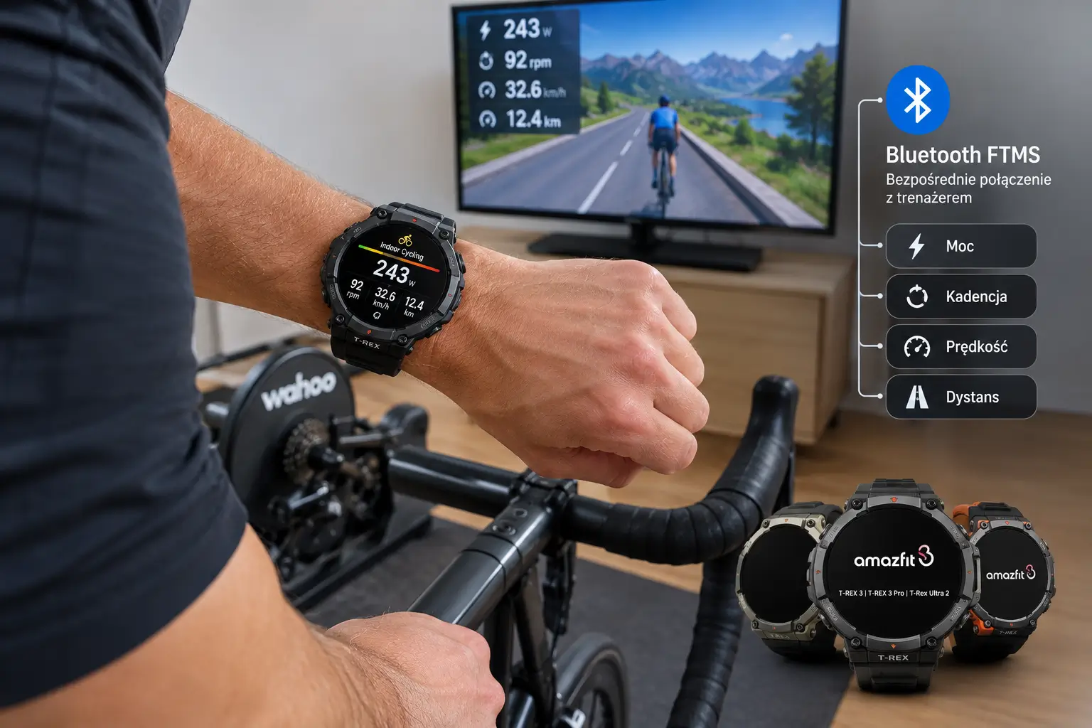 Amazfit T-Rex na trenażerze. Nowa aktualizacja łączy zegarek z rowerem